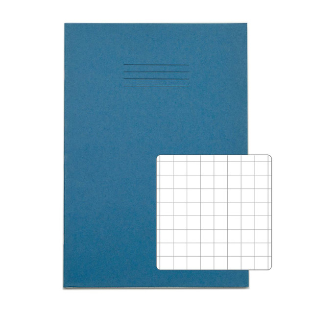 CW Office RHINO A4 Exercise Book 48 Page Light Blue S10, pack of 100, with a color index grid sheet.