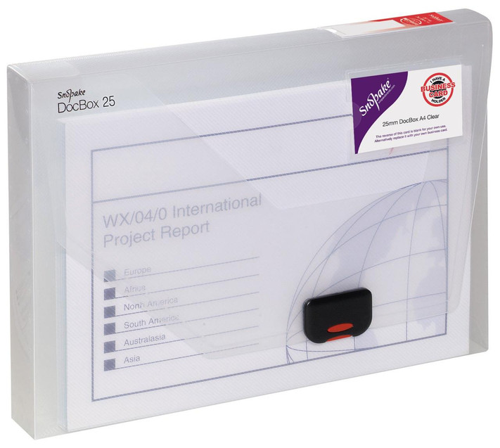CW Office GRS DocBox 25 A4 Clear, transparent plastic document storage box with black latch for organizing A4-sized files and reports.