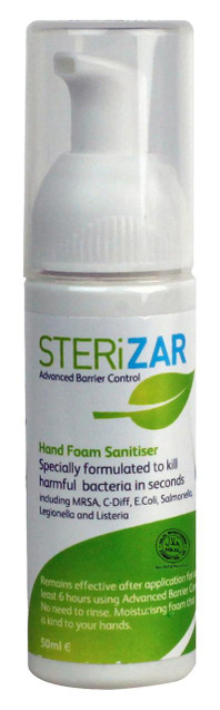 CW Office 50ml SteriZar Alcohol Free Foam Hand Sanitiser, white foam dispenser bottle with green and blue label showing product details.