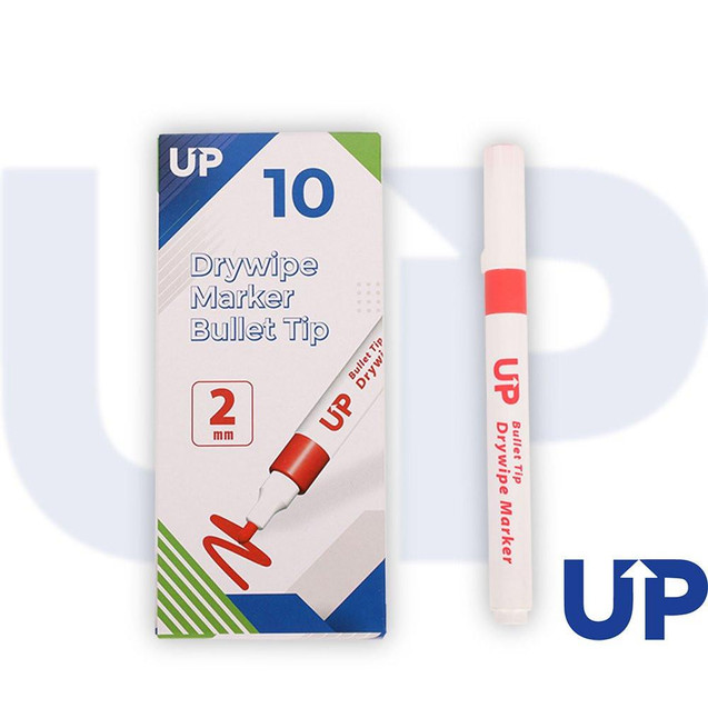 CW Office UP Drywipe Bullet Tip Marker Red, containing a pack of 10 red drywipe markers with bullet tips and a single marker shown outside the box.