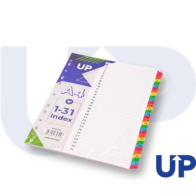 CW Office UP Index White Multicolour Tabs 1-31, stationery product with white index pages and color-coded numbered tabs from 1 to 31 for organizing documents.