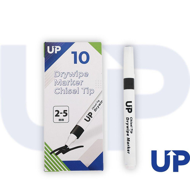 CW Office UP Drywipe Chisel Tip Marker Black, image of a black chisel tip dry wipe marker next to its packaging.