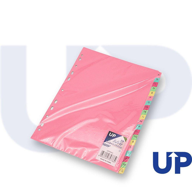 CW Office UP Subject Divider A4 20 Part A-Z Pastel, pink A4 subject divider with colorful alphabetical tabs.