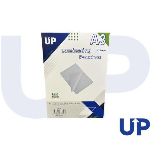 CW Office UP Laminating Pouch A3 250 micron (100) , white and blue packaging with a transparent lamination pouch image.
