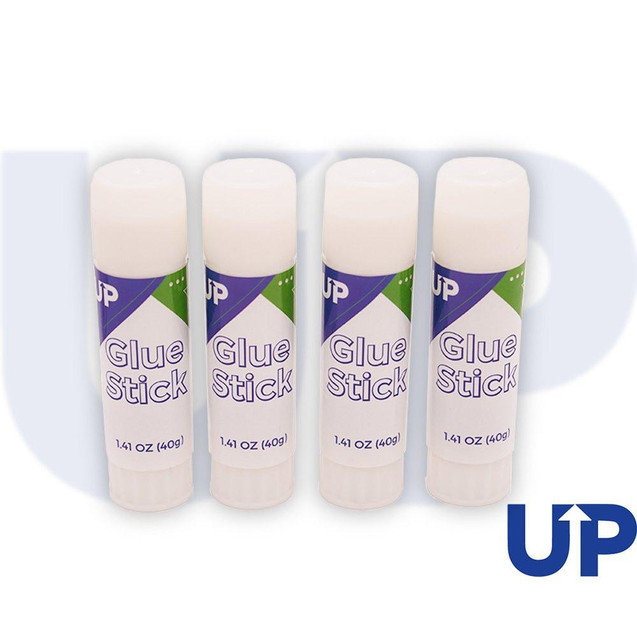 CW Office UP Glue Stick Large (8) - 40g, set of four white glue sticks with purple and green labels for school, crafts, and office projects.