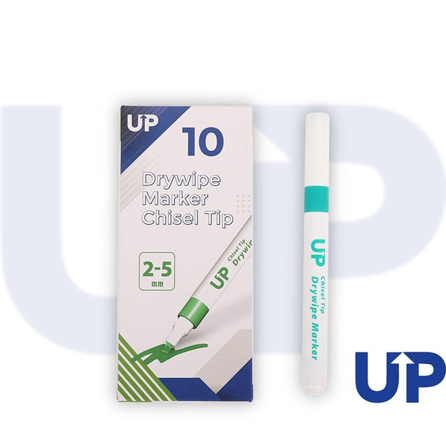 CW Office UP Drywipe Chisel Tip Marker Green, marker pen with white body and green cap, displayed beside the packaging box.