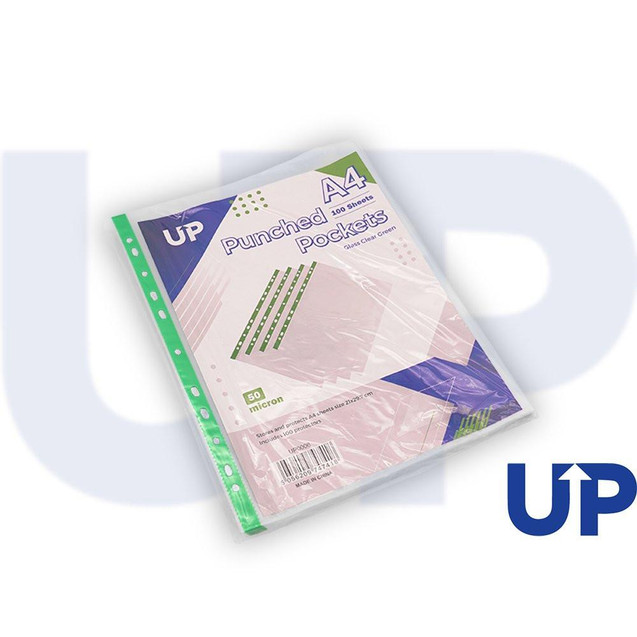 CW Office UP Punched Pockets A4 50 micron Glass Clear Green Strip pack of 100 sheets, transparent plastic document sleeves with green strip for organization.