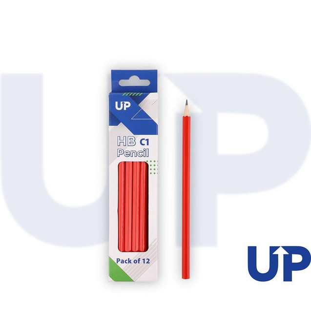 CW Office UP C1 HB Wood Case Pencil, red hexagonal sharpened pencil with a wooden body, shown with its packaging of 12 pencils.