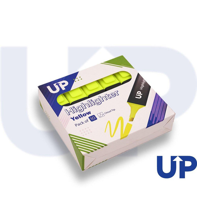 CW Office UP Highlighter Yellow 10 pack, bright yellow chisel tip highlighters in a box for stationery and note-taking.