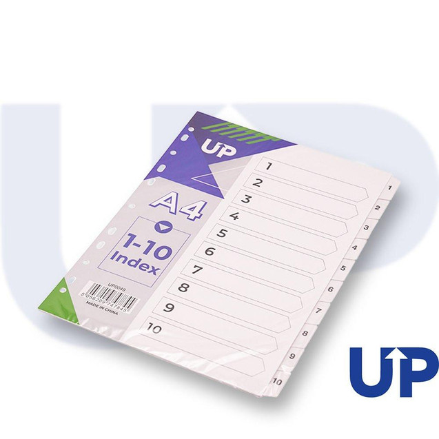 CW Office UP Index White Clear Tabs 1-10, a pack of A4 index tabs with numbered labels from 1 to 10 for organizing documents.