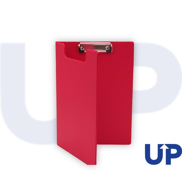 CW Office UP A4 PVC Fold Over Clipboard Red, a red plastic A4 size clipboard with a fold-over cover and metal clip for holding documents.