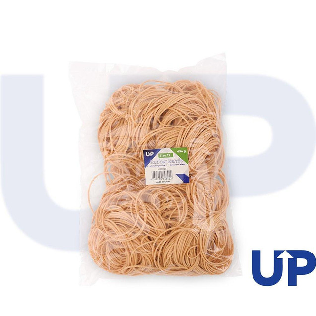 CW Office UP Rubber Bands Size 19, beige rubber bands in a clear plastic pack for office or craft use.
