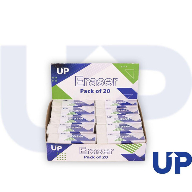 CW Office UP Rubber Eraser pack of 20, with white and blue packaging in a display box