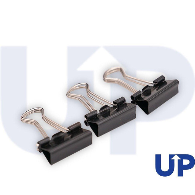 CW Office UP 19mm Foldback Clip, three metal foldback clips with black plastic grips used for securing papers.