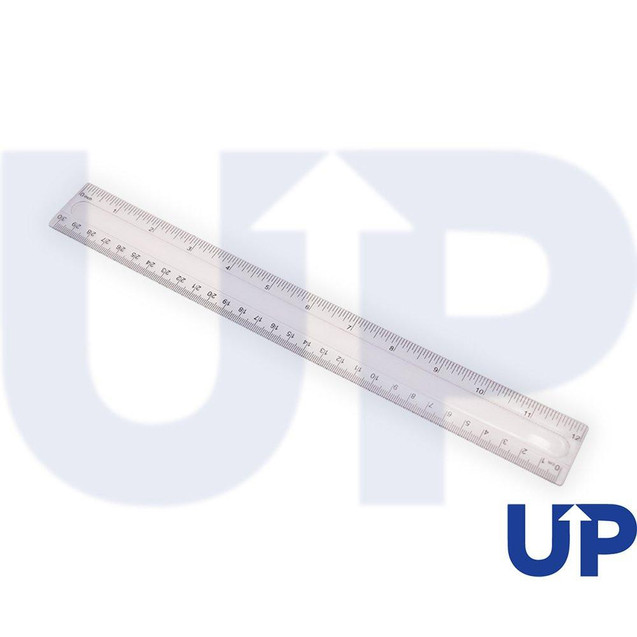 CW Office UP 300mm (12") Ruler Clear, transparent plastic straight ruler with inch and centimeter measurements for precise drawing and measuring.