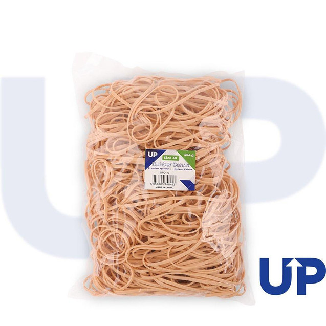 CW Office UP Rubber Bands Size 38 - 454g, beige-colored rubber bands in a transparent packaging for office and craft use.