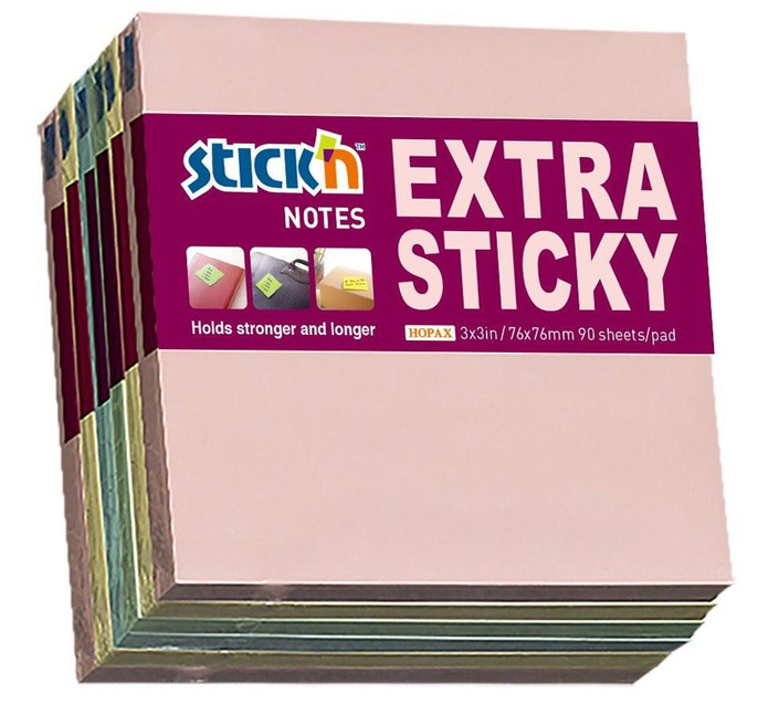 CW Office UP Repositionable Notes 76x76mm Pastel Assorted, multiple packs of pastel-colored sticky notes in pink, yellow, green, and blue with 90 sheets each, on a cardboard backing.