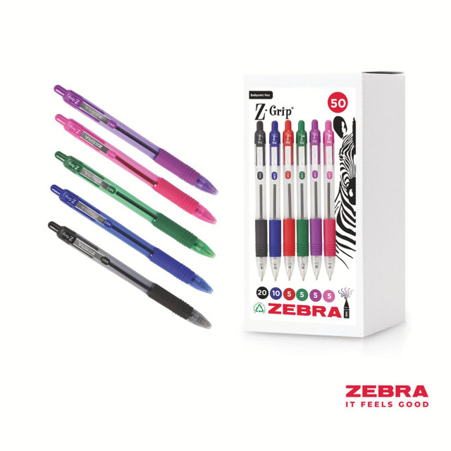 CW Office Zebra Z-Grip Retractable Ballpoint Pen Assorted Ink 50 Pack, set of colorful pens with black, blue, green, red, purple, pink ink, and a box display