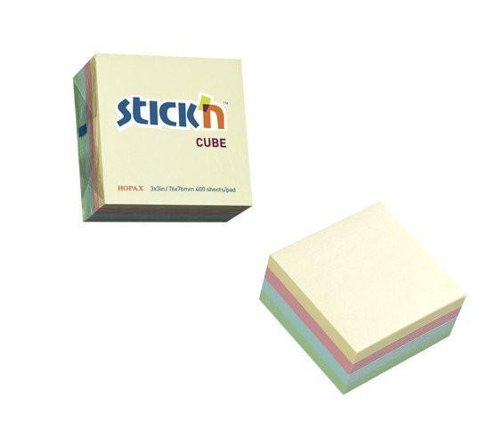 CW Office UP Repositionable Notes Cube 76x76mm Pastel Assorted, pastel-colored sticky notes in a cube pack with multiple layers of different pastel shades.