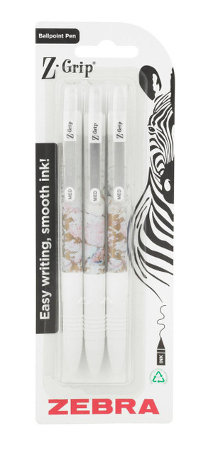 CW Office Z-GRIP Smooth Glam Black Ink Ballpoint Pens White Marble Pack of 3, black ink ballpoint pens with white marble design in plastic package.