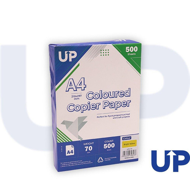 CW Office UP Coloured A4 Copier Paper 70GSM Bright Yellow - 500 sheets, packaging box with product details and colorful design.