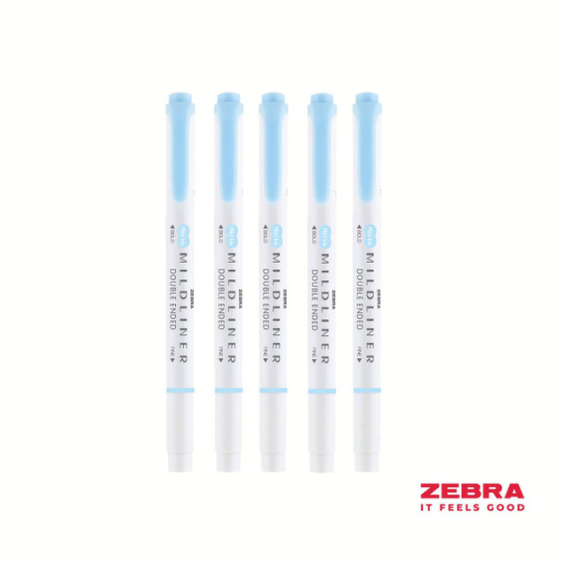CW Office Zebra MILDLINER Double Ended Fluorescent Blue Highlighter Box 10, five blue highlighters standing upright.