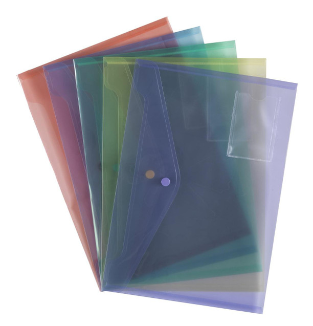 CW Office UP A4 Assorted Colour Popper Wallets (5), set of five translucent zippered wallets in various colors including pink, purple, blue, green, and yellow.