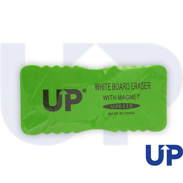 CW Office UP Whiteboard Eraser - Black Plastic and Felt, green rectangular eraser with magnet and product details printed on it.