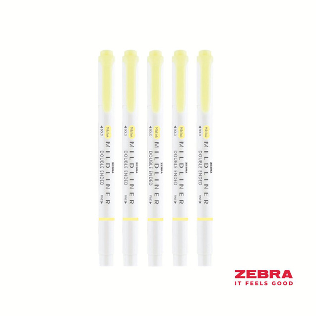 CW Office Zebra MILDLINER Double Ended Fluorescent Yellow Box Highlighter 10, image of five yellow double-ended highlighters with white bodies and yellow caps.