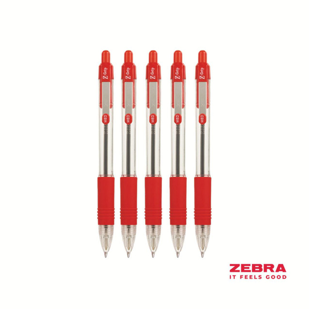 CW Office Zebra Z-Grip Retractable Ballpoint Pen Red ink Box 12, set of five red and transparent pens with red grips and retractable tips.