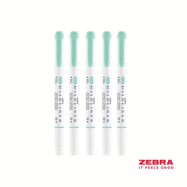 CW Office Zebra MILDLINER Double Ended Fluorescent Green Highlighter Box 10, five glow fluorescent green pens arranged vertically.