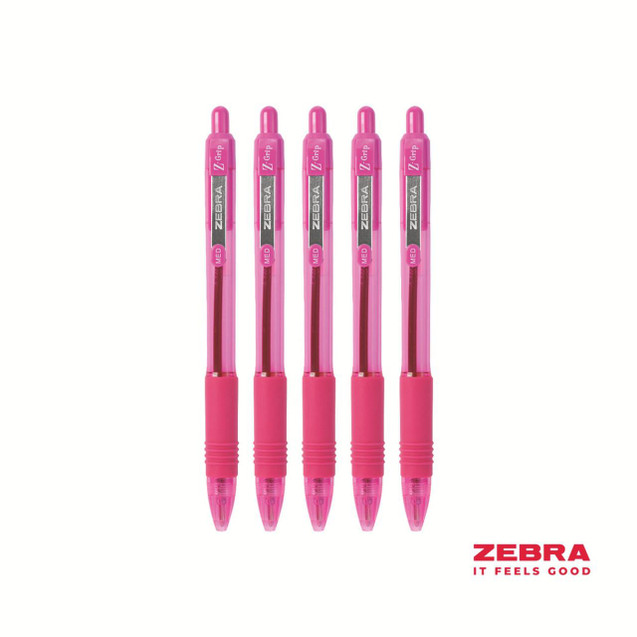 CW Office Zebra Z-Grip Smooth Retractable Ballpoint Pen Pink Ink Box 12, five pink pens with Z-Grip design and med point size visible in the image.