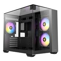 Various Antec CX600M Trio ARGB Mini Tower Gaming Case, Black, Tempered Glass Panels with Dual Chamber Design, Vertical Cooling, and Pre-Installed ARGB Fans visible through the glass.