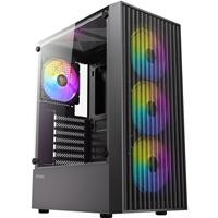 Various Antec AX27 RGB Elite Mid-Tower Gaming PC Case with Tempered Glass, Full Mesh Front Panel, 4 Pre-installed 120mm Fixed-RGB Fans, showcasing a sleek design with vibrant RGB lighting.