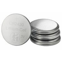 Various Verbatim CR2430 Battery Lithium 3V 4 Pack, image showing a stack of round lithium coin batteries with one battery front and center displaying its specifications.