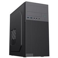 Various CiT Mentor Micro-ATX Office PC Case with USB Type C and 80mm Rear Black Fan, front and side view of the compact black computer case