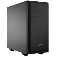 Various be quiet! Pure Base 600 Case, Black, MId Tower, front view showing two USB 3.2 Gen 1 Type-A ports and three included Pure Wings 2 Black PWM Fans for optimal cooling.