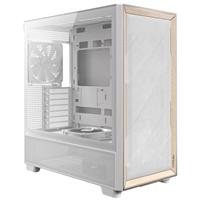 Various Antec FLUX Mid Tower PC Case - Tempered Glass, White/Wood, 5 PWM Fans, USB-C, E-ATX/ATX/mATX/ITX Compatibility, with transparent side panel showing interior layout.