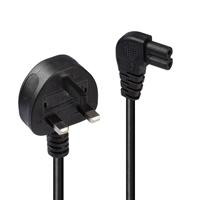 Various Lindy 30454 0.5m UK 3 Pin Plug To Right Angle IEC C7 (Figure-8) 3 Amp Fuse Mains Extension Cable - Black, image of a black mains extension cable with UK plug and right-angle IEC C7 connector