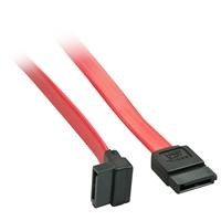 Various Lindy 33351 0.5m SATA (7 Pin) to 90 Deg SATA (7 Pin) Cable - Red/Black, SATA cable with a 90-degree angled connector and a straight connector, red and black color wires for connecting hard drives.