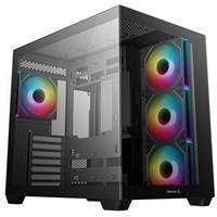Various DeepCool CG530 4F Mid-Tower Case with Tempered Glass Panels, 4 Pre-Installed ARGB Fans, and Optimal Airflow Support, Black, showcasing a sleek black computer case with colorful illuminated fans and transparent side panel for easy component visibility.