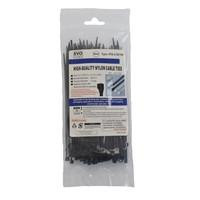 Various Evo Labs Black Cable Ties 150 x 2.5mm, image of a pack containing 100 black cable ties in clear plastic packaging.