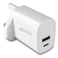 Various LINDY 73416 Power Adapter, white USB-C fast charge power adapter with 24 pin USB-C port, dual USB ports, 20W Power Delivery 3.0 for quick device charging.