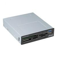 Various Akasa USB 3.0 Multi Card Reader, compact black card reader device with multiple SD, MicroSD, CF, and UHS-II card slots, internal USB 3.0 connector for PC use.