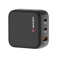 Various Verbatim 30238 Mini GaN Charger 65W with Display, compact black charger showcasing multiple USB ports and a digital display for power output