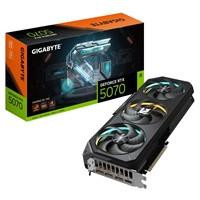 Various Gigabyte NVIDIA GeForce RTX 5070 GAMING OC 12GB GDDR7 Graphics Card, front view showing triple fans, RGB lighting, and packaging with product details.