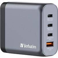 Various Verbatim GNC-140 GaN Charger 140W, compact electrical charger with multiple ports including 2 USB-C PD 140W, 1 USB-C PD 20W, and 1 USB-A QC 3.0, suitable for EU, UK, and US power outlets.