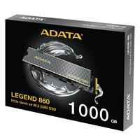 Various Adata Legend 860 (SLEG-860-1000GCS) 1TB NVMe SSD with heatsink, PCIe Gen4, M.2 interface, 2280 form factor, featuring high-speed read 5000 MB/s and write 3000 MB/s, and a 5-year warranty.