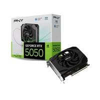 Various PNY NVIDIA GeForce RTX 5050 8GB GDDR6 Graphics Card, image showing the graphics card in its retail box and another card displaying the single fan and multiple display ports.