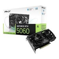 Various PNY NVIDIA GeForce RTX 5060 8GB GDDR7 Graphics Card, 3840 CUDA Cores, 2280 MHz Core Clock, Dual Fan, 3x DisplayPorts / 1x HDMI Port, showcasing the retail box and the graphics card with dual fans.